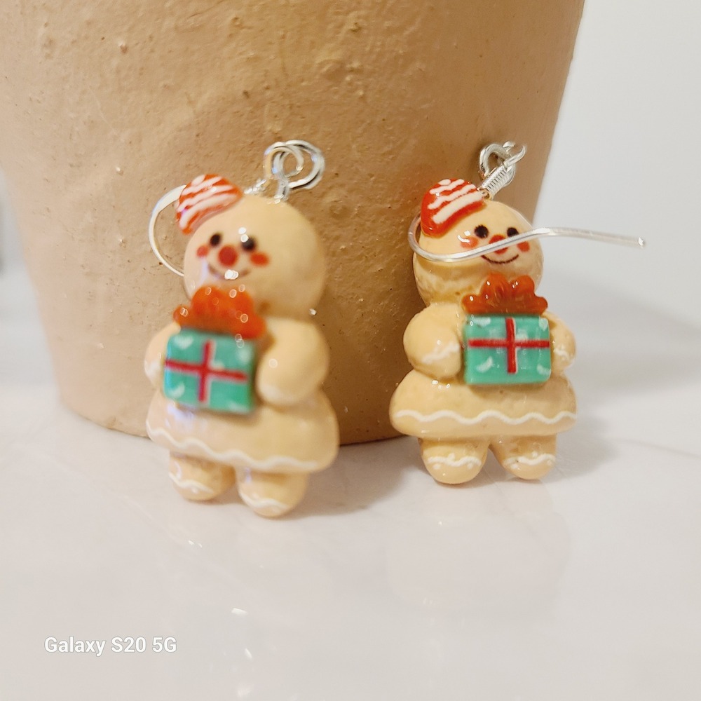 Handmade Cute Gingerbread Woman Cookie‎ Dangle Earrings Holiday Christmas Gift